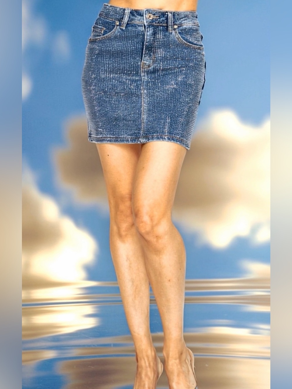 Stone Embellished Blue Denim Skirt